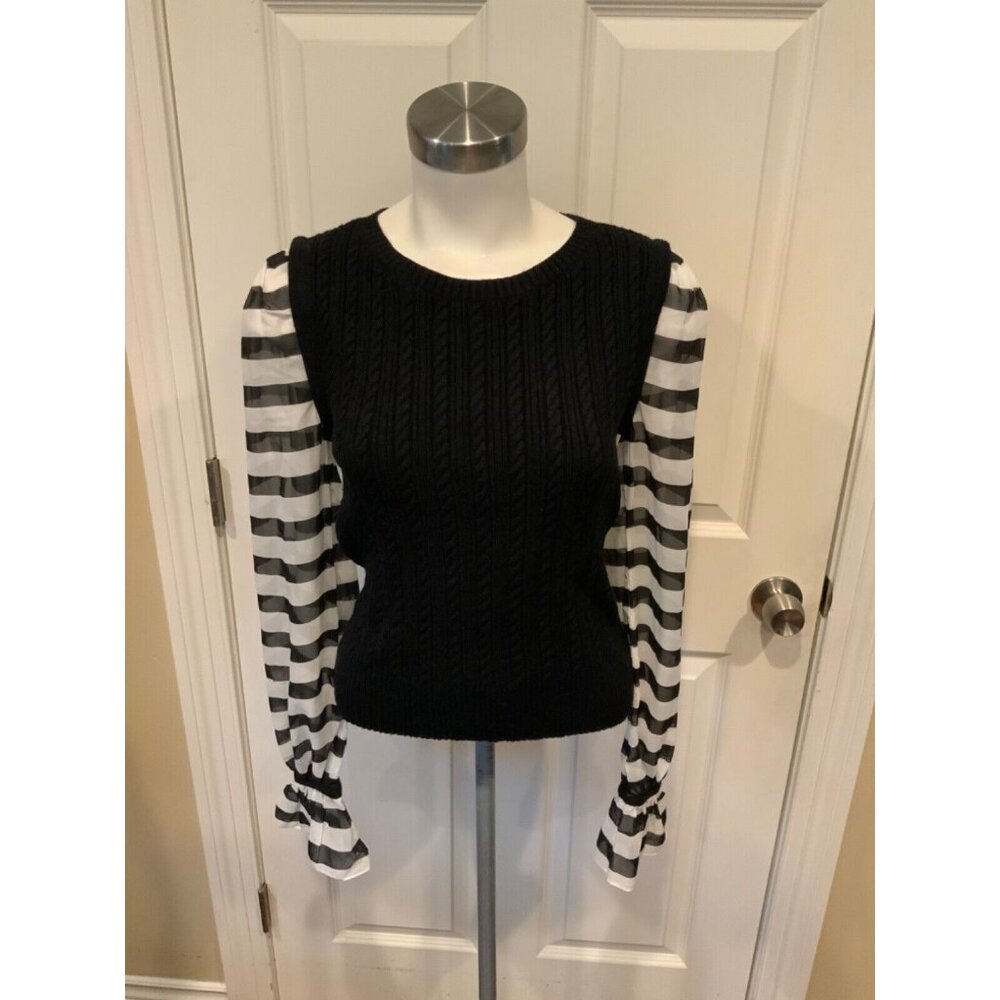 Maeve Black Sweater W/ Sheer White Striped Sleeves, Size S